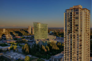 Sunset view from rooftop of highrise, Surrey, BC, Canada