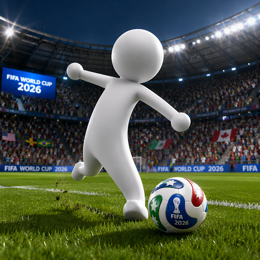 White 3D stick figure kicking a FIFA World Cup 2026 soccer ball on a packed stadium field.